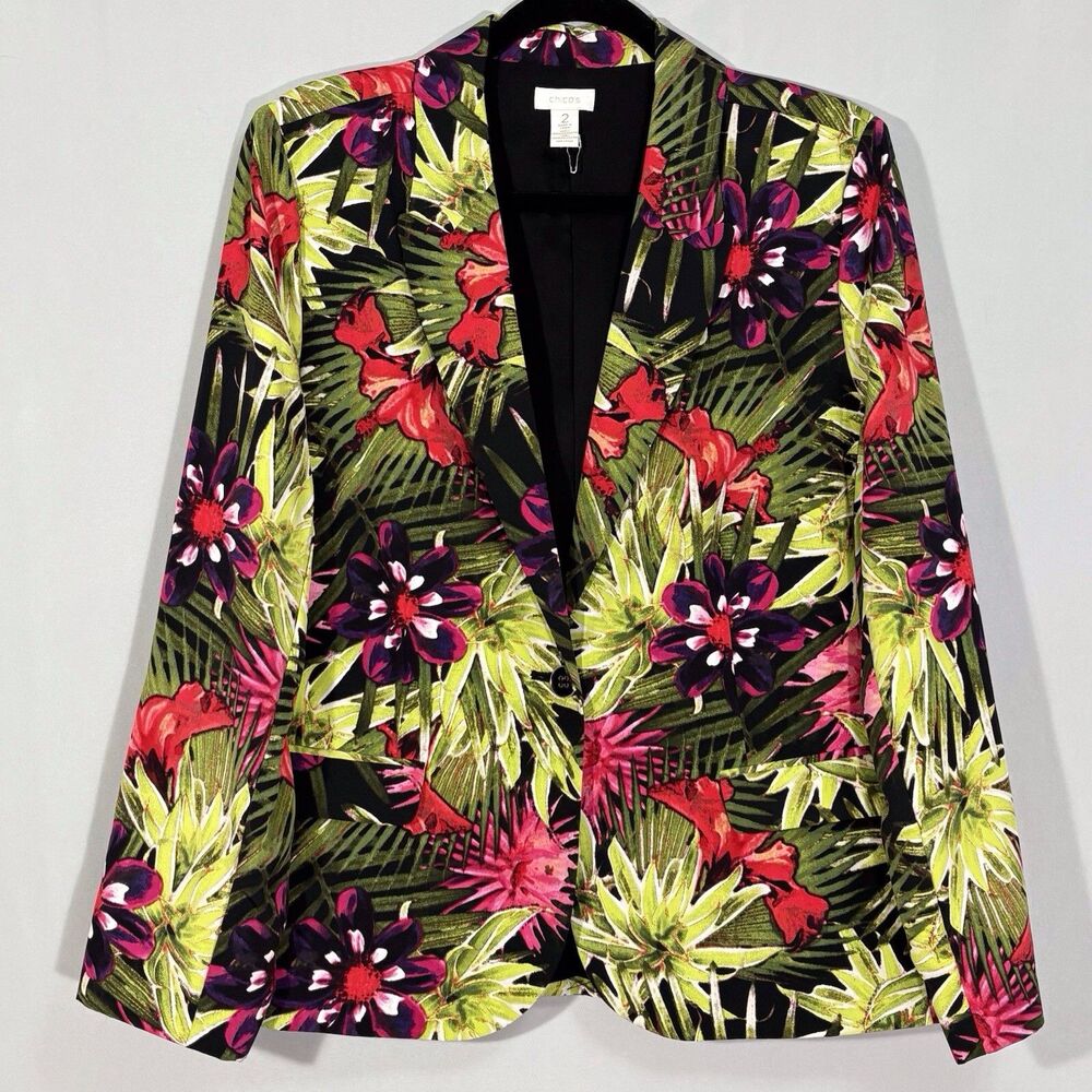 Chicos Size 2 Tropical Floral Blazer Jacket US Large Green Pink Hawaiian FLAW